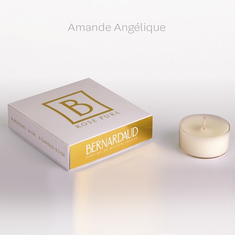 Boîte de 4 bougies 16 gr Amande Angélique (durée de diffusion : environ 6 h) en porcelaine de la collection Parfums de maison Bernardaud