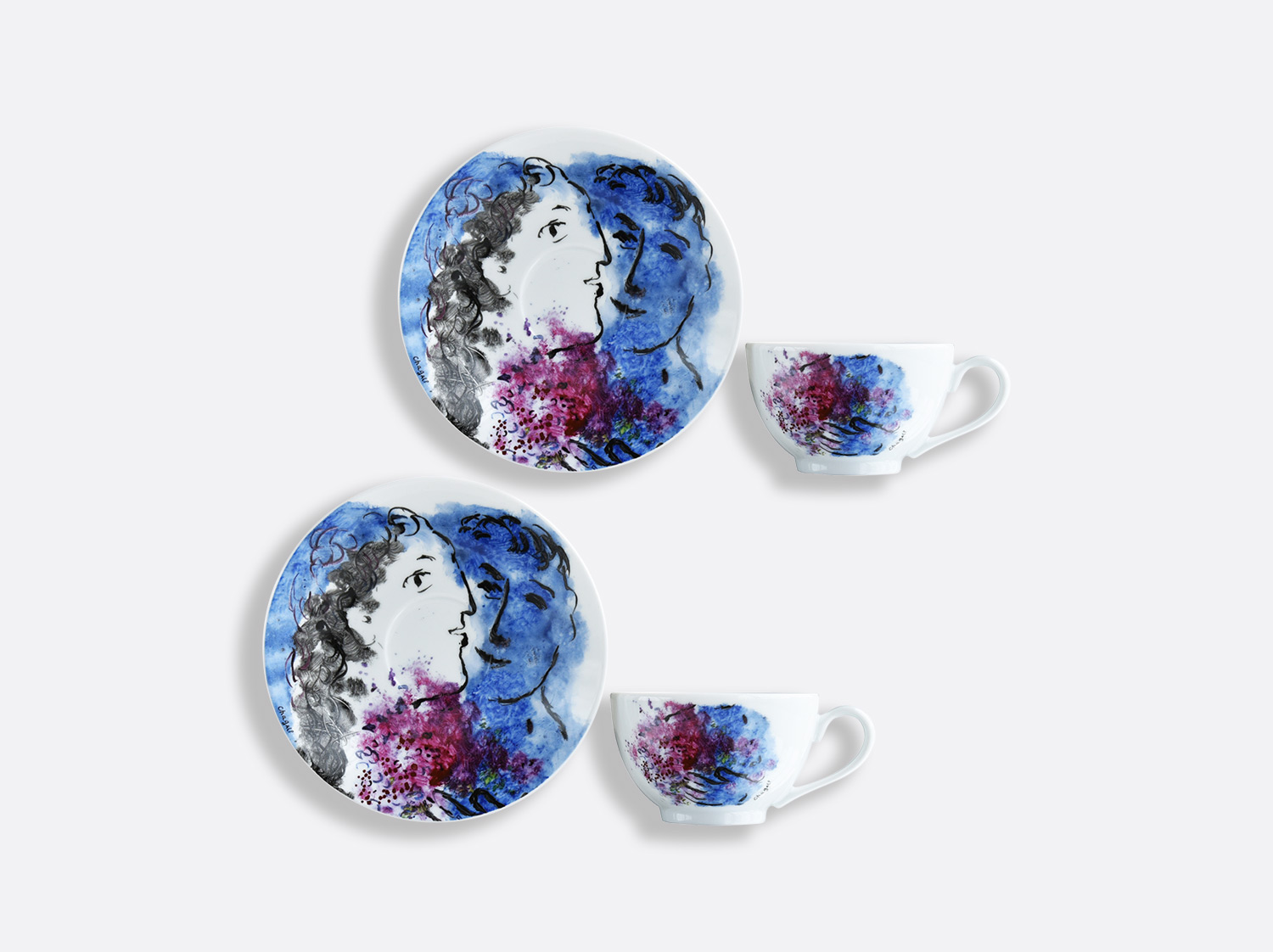 Set of 2 tea cups and saucers 4.5 oz Les Bouquets de Fleurs - Marc Chagall  | Bernardaud Porcelain