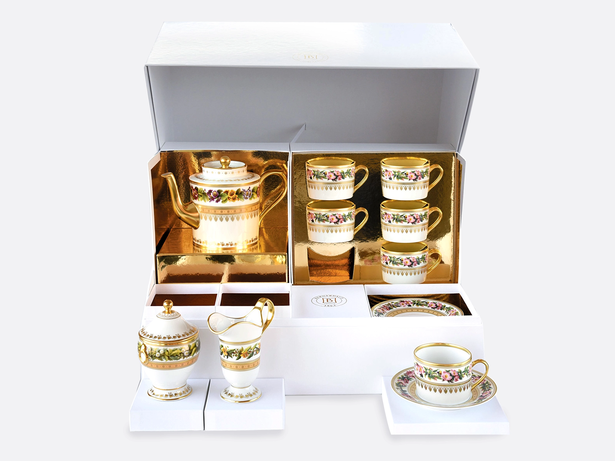 Grand coffret service à thé (théière, crémier, sucrier, 6 tasses et soucoupes thé) en porcelaine de la collection Botanique Bernardaud
