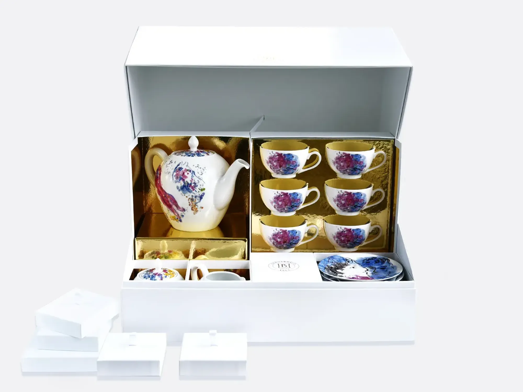 Visual Large tea gift case (teapot, creamer, sugar bowl, 6 tea cups and saucers) LES BOUQUETS DE FLEURS DE  MARC CHAGALL